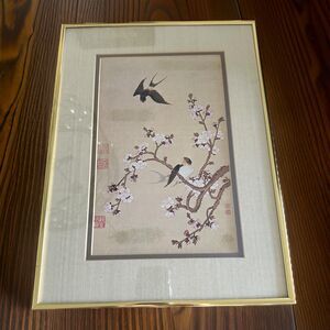 Vintage Chinese Lithograph of Swallows Attributed to Jiang Tingxi Framed 11"x7